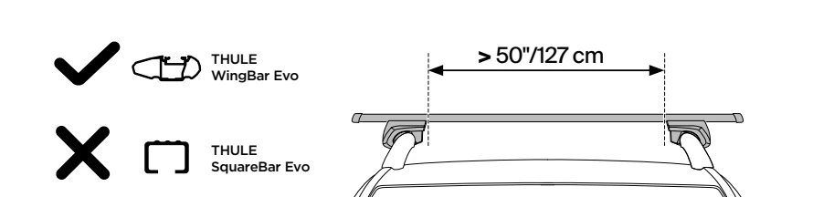 Instrukcja Foothill 2: przy rozpiętości między stopami ponad 127 cm WingBar Evo oznaczono jako zgodne, a SquareBar Evo jako niezgodne