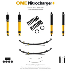 Zestaw zawieszenia OME Nitrocharger+ – Isuzu D-Max II 2012–2020, 30 mm, stałe 300 kg z tyłu, mocniejsze tłumienie przodu, mocniejsze tłumienie tyłu, LS-M i podwozie pod zabudowę, dodatkowe pióra
