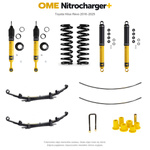 Zestaw zawieszenia OME Nitrocharger+ – Hilux Revo 2016–2025, 40/40 mm, duże dodatkowe obciążenie przodu, około 800 kg stałego obciążenia tyłu, z dodatkowym piórem, mocniejsze tłumienie przodu – bez dystansu przewodów hamulcowych