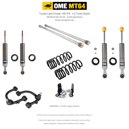 Zestaw zawieszenia OME MT64 – Toyota LC100 4.2 Turbo Diesel 10.2000–2007, obniżenie tyłu 30 mm, mocniejszy przód, średnie obciążenie tyłu