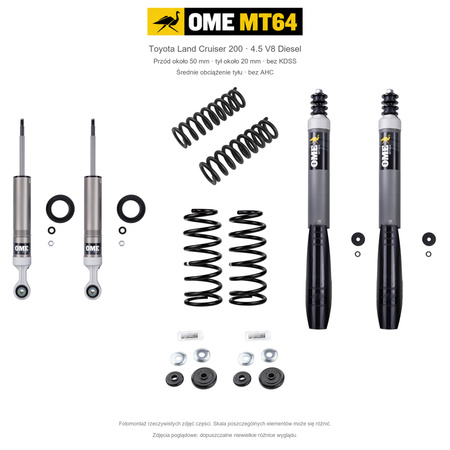 Zestaw OME MT64 – Toyota Land Cruiser 200 2007–2021 4.5 Diesel, przód 50/tył 20 mm, bez KDSS, średnie obciążenie tyłu; przód standardowe; tył mocniejsze