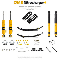 Zestaw OME Nitrocharger+ – Mitsubishi L200 MQ/MR 2015–2023, przód 25/tył 20 mm, zderzak, wyciągarka i dodatkowe akcesoria, stałe 800 kg z tyłu