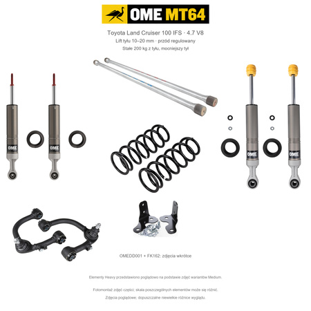 Zestaw zawieszenia OME MT64 – Toyota LC100 4.7 V8 10.2000–2007, lift tyłu 10–20 mm, mocniejszy przód, stałe 200 kg z tyłu, mocniejszy tył