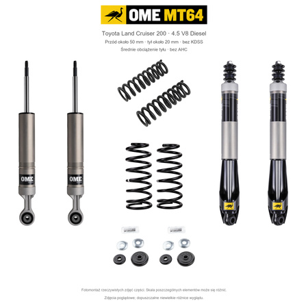 Zestaw OME MT64 – Toyota Land Cruiser 200 2007–2021 4.5 Diesel, przód 50/tył 20 mm, bez KDSS, średnie obciążenie tyłu; przód mocniejsze; tył standardowe