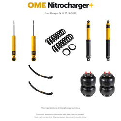 Zestaw zawieszenia OME Nitrocharger+ – Ford Ranger PX III 2019–2022, 30/40 mm, stałe 300 kg z tyłu, mocniejsze tłumienie przodu, standardowe tłumienie tyłu, resory paraboliczne