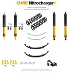 Zestaw zawieszenia OME Nitrocharger+ – Toyota LC78 Troop Carrier Diesel od 08.2016, 40/45 mm, stałe 800 kg tyłu, lekki przód, resory wielopiórowe, fabryczne wieszaki, dodatkowe pióra