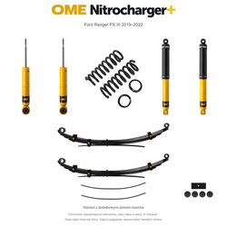 Zestaw zawieszenia OME Nitrocharger+ – Ford Ranger PX III 2019–2022, przód 45 mm, tył z dodatkowymi piórami, stałe 300 kg z tyłu, mocniejsze tłumienie przodu, mocniejsze tłumienie tyłu