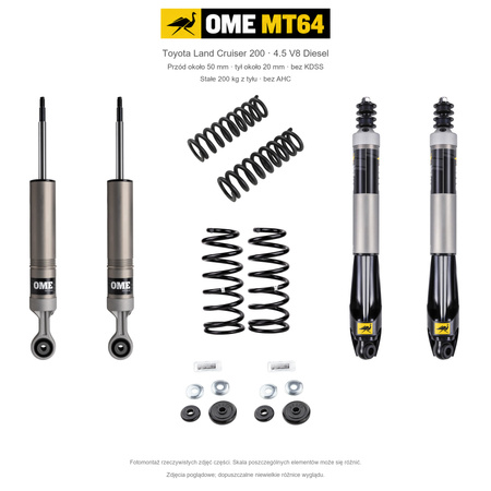 Zestaw OME MT64 – Toyota Land Cruiser 200 2007–2021 4.5 Diesel, przód 50/tył 20 mm, bez KDSS, stałe 200 kg z tyłu; przód mocniejsze; tył standardowe