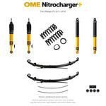 Zestaw zawieszenia OME Nitrocharger+ – Ford Ranger PX 2011–2018, przód 50 mm, tył z dodatkowymi piórami, stałe 300 kg z tyłu, standardowe tłumienie przodu, mocniejsze tłumienie tyłu