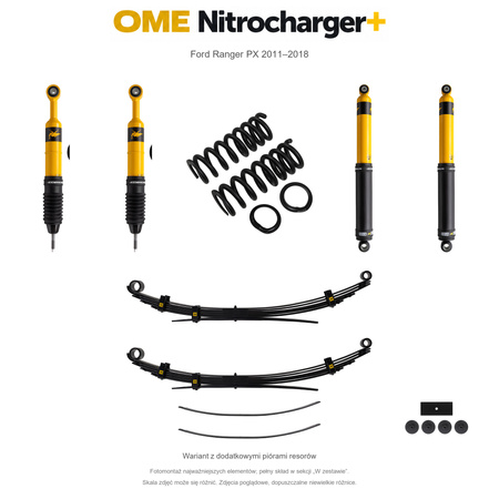 Zestaw zawieszenia OME Nitrocharger+ – Ford Ranger PX 2011–2018, przód 30 mm, tył z dodatkowymi piórami, stałe 300 kg z tyłu, mocniejsze tłumienie przodu, standardowe tłumienie tyłu