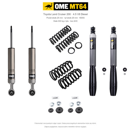 Zestaw OME MT64 – Toyota Land Cruiser 200 2007–2021 4.5 Diesel, przód 25/tył 20 mm, KDSS, stałe 600 kg z tyłu; przód mocniejsze; tył mocniejsze
