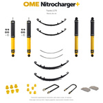Zestaw zawieszenia OME Nitrocharger+ – Toyota Land Cruiser 75, benzyna lub diesel, bez ciężkiego wyposażenia przodu, średnie obciążenie tyłu, fabryczne wieszaki przodu, fabryczne wieszaki tyłu, dodatkowe pióra tyłu