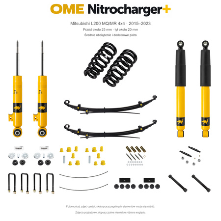 Zestaw OME Nitrocharger+ – Mitsubishi L200 MQ/MR 2015–2023, przód 25/tył 20 mm, stalowy zderzak, średnie obciążenie i dodatkowe pióro