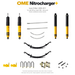 Zestaw zawieszenia OME Nitrocharger+ – Isuzu D-Max I 2008–2011, 30–50 mm, stałe 300 kg z tyłu, standardowe tłumienie, lekki przód z drążkami OME, smarowalne wieszaki i sworznie, dodatkowe pióra