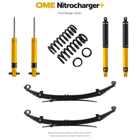 Zestaw zawieszenia OME Nitrocharger+ – Ford Ranger 2022+, lift 40 mm, stałe 600 kg z tyłu, resory wielopiórowe, alternatywne amortyzatory przednie