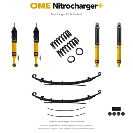 Zestaw zawieszenia OME Nitrocharger+ – Ford Ranger PX 2011–2018, przód 50 mm, tył z dodatkowymi piórami, średnie obciążenie tyłu, standardowe tłumienie przodu, standardowe tłumienie tyłu