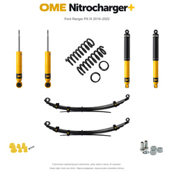 Zestaw zawieszenia OME Nitrocharger+ – Ford Ranger PX III 2019–2022, 45/40 mm, stałe 300 kg z tyłu, standardowe tłumienie przodu, mocniejsze tłumienie tyłu