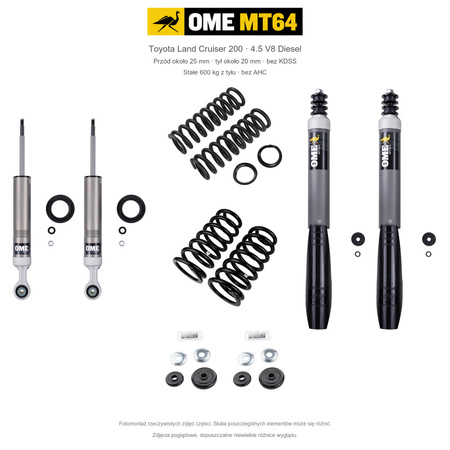 Zestaw OME MT64 – Toyota Land Cruiser 200 2007–2021 4.5 Diesel, przód 25/tył 20 mm, bez KDSS, stałe 600 kg z tyłu; przód standardowe; tył mocniejsze