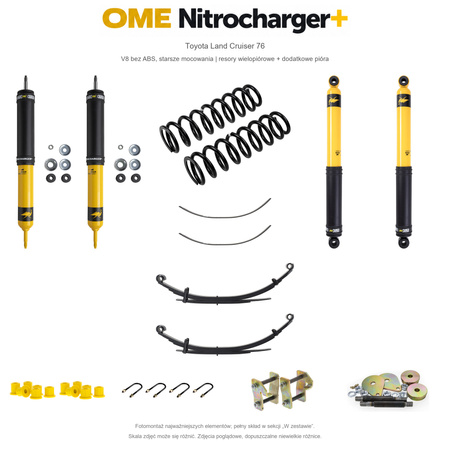 Zestaw zawieszenia OME Nitrocharger+ – Toyota LC76 4.5 V8 bez ABS 2007–2012, ok. 50 mm, obciążony przód, stałe 400 kg tyłu, resory klasyczne, smarowalne mocowania, dodatkowe pióra