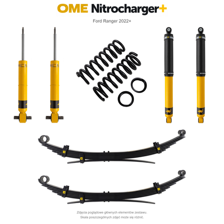Zestaw zawieszenia OME Nitrocharger+ – Ford Ranger 2022+, lift 20/40 mm, stałe 600 kg z tyłu, resory wielopiórowe, alternatywne amortyzatory przednie