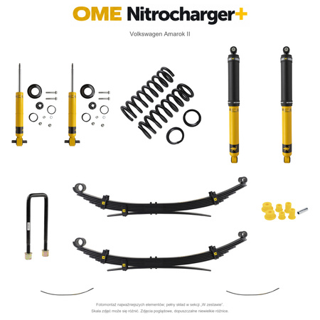 Zestaw zawieszenia OME Nitrocharger+ – Volkswagen Amarok II, 40/40 mm, duże stałe obciążenie tyłu, dodatkowe pióra, resory wielopiórowe, mocniejsze tłumienie przodu