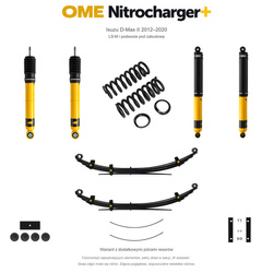 Zestaw zawieszenia OME Nitrocharger+ – Isuzu D-Max II 2012–2020, 30 mm, stałe 600 kg z tyłu, mocniejsze tłumienie przodu, mocniejsze tłumienie tyłu, LS-M i podwozie pod zabudowę, dodatkowe pióra