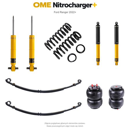Zestaw zawieszenia OME Nitrocharger+ – Ford Ranger 2022+, lift 40 mm, średnie obciążenie tyłu, resory paraboliczne z poduszkami, alternatywne amortyzatory przednie