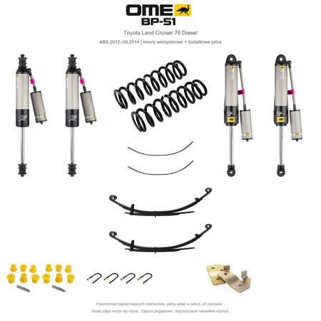 Zestaw zawieszenia OME BP-51 – Toyota LC76 4.5 V8 ABS 2012–09.2014, obciążony przód, średni tył, resory klasyczne, fabryczne wieszaki, dodatkowe pióra