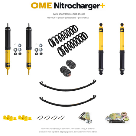 Zestaw zawieszenia OME Nitrocharger+ – Toyota LC79 Double Cab Diesel od 08.2016, 40/45 mm, stałe 1000 kg tyłu, lekki przód, resory paraboliczne, smarowalne wieszaki i sworznie