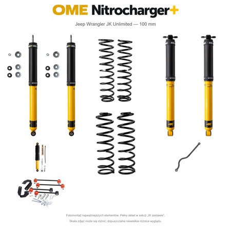 Zestaw zawieszenia OME Nitrocharger+ – Jeep Wrangler JK Unlimited V6 benzynowy 2006–2008 LHD, 100 mm, średnie obciążenie tyłu, dłuższe amortyzatory przodu, terenowy