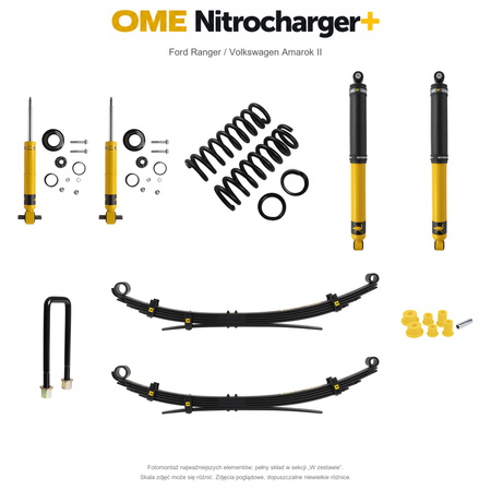 Zestaw zawieszenia OME Nitrocharger+ – Ford Ranger 2022+, lift 20/40 mm, stałe 300 kg z tyłu, resory wielopiórowe, alternatywne amortyzatory przednie, mocniejsze tłumienie tyłu / Volkswagen Amarok II