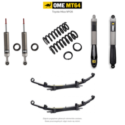 Zawieszenie OME MT64 Toyota Hilux Travo MY26 40/50 mm – stałe 600 kg z tyłu, przód bez osprzętu lub ze zderzakiem, wielopiórowe / mocniejsze tłumienie przodu – bez dystansu przewodów hamulcowych