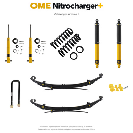 Zestaw zawieszenia OME Nitrocharger+ – Volkswagen Amarok II, 20/40 mm, stałe 600 kg z tyłu, resory wielopiórowe, standardowe tłumienie przodu, czujnik świateł