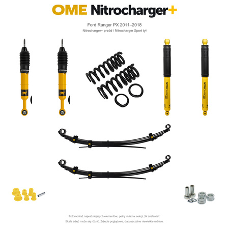 Zestaw zawieszenia OME Nitrocharger+ przód / Sport tył – Ford Ranger PX 2011–2018, 30/40 mm, stałe 300 kg z tyłu, standardowe tłumienie przodu, charakterystyka Sport z tyłu
