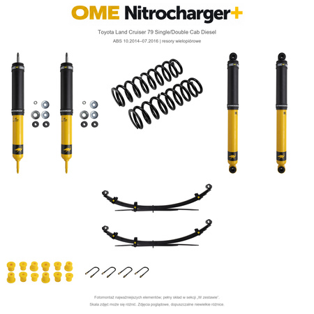Zestaw zawieszenia OME Nitrocharger+ – Toyota LC79 Single/Double Cab 4.5 V8 ABS 10.2014–07.2016, obciążony przód, tył wg kabiny, resory klasyczne, fabryczne wieszaki