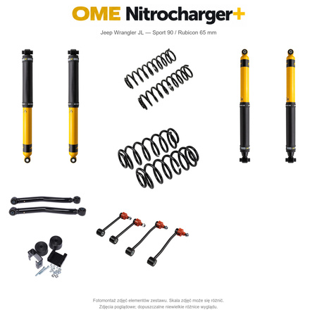 Zestaw zawieszenia OME Nitrocharger+ – Jeep Wrangler JL 4-drzwiowy 2.2 Diesel, Sport 90 / Rubicon 65 mm, lekki przód, średnie obciążenie tyłu, terenowy