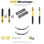 Zestaw zawieszenia OME Nitrocharger+ – Toyota Land Cruiser 76 Diesel od 08.2016, 50 mm, stałe 400 kg tyłu, stalowy zderzak lub zderzak z wyciągarką, resory wielopiórowe, fabryczne wieszaki