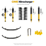 Zestaw zawieszenia OME Nitrocharger+ – Hilux Revo 2016–2025, 40/40 mm, duże dodatkowe obciążenie przodu, stałe 300 kg z tyłu, wielopiórowe, mocniejsze tłumienie tyłu – bez dystansu przewodów hamulcowych