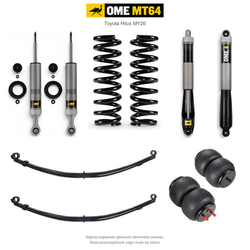 Zawieszenie OME MT64 Toyota Hilux Travo MY26 40/50 mm – stałe 300 kg z tyłu, zderzak, wyciągarka i dodatkowy osprzęt, paraboliczne + poduszki / mocniejsze tłumienie tyłu
