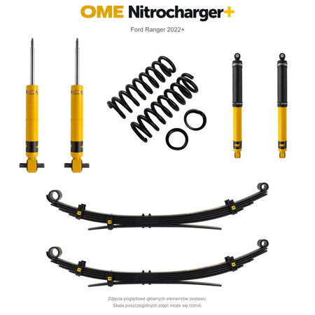Zestaw zawieszenia OME Nitrocharger+ – Ford Ranger 2022+, lift 20/40 mm, stałe 300 kg z tyłu, resory wielopiórowe, alternatywne amortyzatory przednie