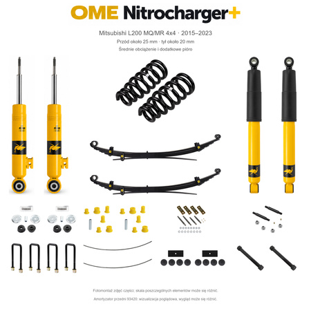 Zestaw OME Nitrocharger+ – Mitsubishi L200 MQ/MR 2015–2023, przód 25/tył 20 mm, zderzak, wyciągarka i dodatkowe akcesoria, średnie obciążenie i dodatkowe pióro