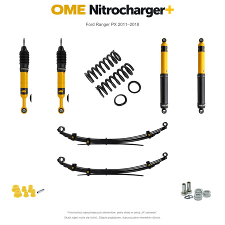 Zestaw zawieszenia OME Nitrocharger+ – Ford Ranger PX 2011–2018, 50/40 mm, stałe 300 kg z tyłu, standardowe tłumienie przodu, standardowe tłumienie tyłu