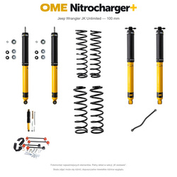 Zestaw zawieszenia OME Nitrocharger+ – Jeep Wrangler JK Unlimited V6 benzynowy 2006–2017 RHD, 100 mm, średnie obciążenie tyłu, dłuższe amortyzatory przodu, terenowy