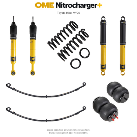 Zawieszenie OME Nitrocharger+ Toyota Hilux Travo MY26 40/50 mm – średnie obciążenie tyłu, stalowy zderzak, także z wyciągarką, paraboliczne + poduszki / mocniejsze tłumienie przodu – bez dystansu przewodów hamulcowych