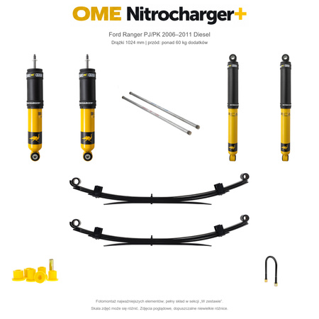 Zestaw zawieszenia OME Nitrocharger+ – Ford Ranger PJ/PK 2006–2011 Diesel, tył 20 mm, przód ponad 60 kg, drążki 1024 mm, stałe 200 kg z tyłu, standardowe tłumienie tyłu