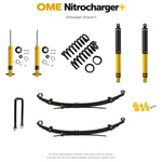 Zestaw zawieszenia OME Nitrocharger+ – Volkswagen Amarok II, 20/40 mm, stałe 300 kg z tyłu, resory wielopiórowe, standardowe tłumienie przodu, mocniejsze tłumienie tyłu, czujnik świateł