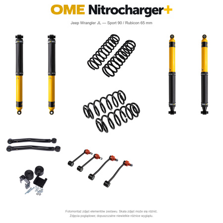 Zestaw zawieszenia OME Nitrocharger+ – Jeep Wrangler JL 2-drzwiowy 3.6 V6, Sport 90 / Rubicon 65 mm, lekki przód, stałe 150 kg z tyłu, terenowy
