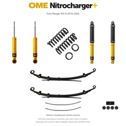 Zestaw zawieszenia OME Nitrocharger+ – Ford Ranger PX III 2019–2022, przód 45 mm, tył z dodatkowymi piórami, średnie obciążenie tyłu, mocniejsze tłumienie przodu, standardowe tłumienie tyłu