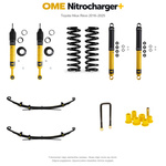 Zestaw zawieszenia OME Nitrocharger+ – Hilux Revo 2016–2025, 40/40 mm, duże dodatkowe obciążenie przodu, średnie obciążenie tyłu, wielopiórowe, mocniejsze tłumienie przodu – bez dystansu przewodów hamulcowych