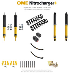 Zestaw zawieszenia OME Nitrocharger+ – Toyota Land Cruiser 76 Diesel od 08.2016, 50 mm, stałe 400 kg tyłu, stalowy zderzak lub zderzak z wyciągarką, resory paraboliczne, fabryczne wieszaki, standardowe tłumienie tyłu